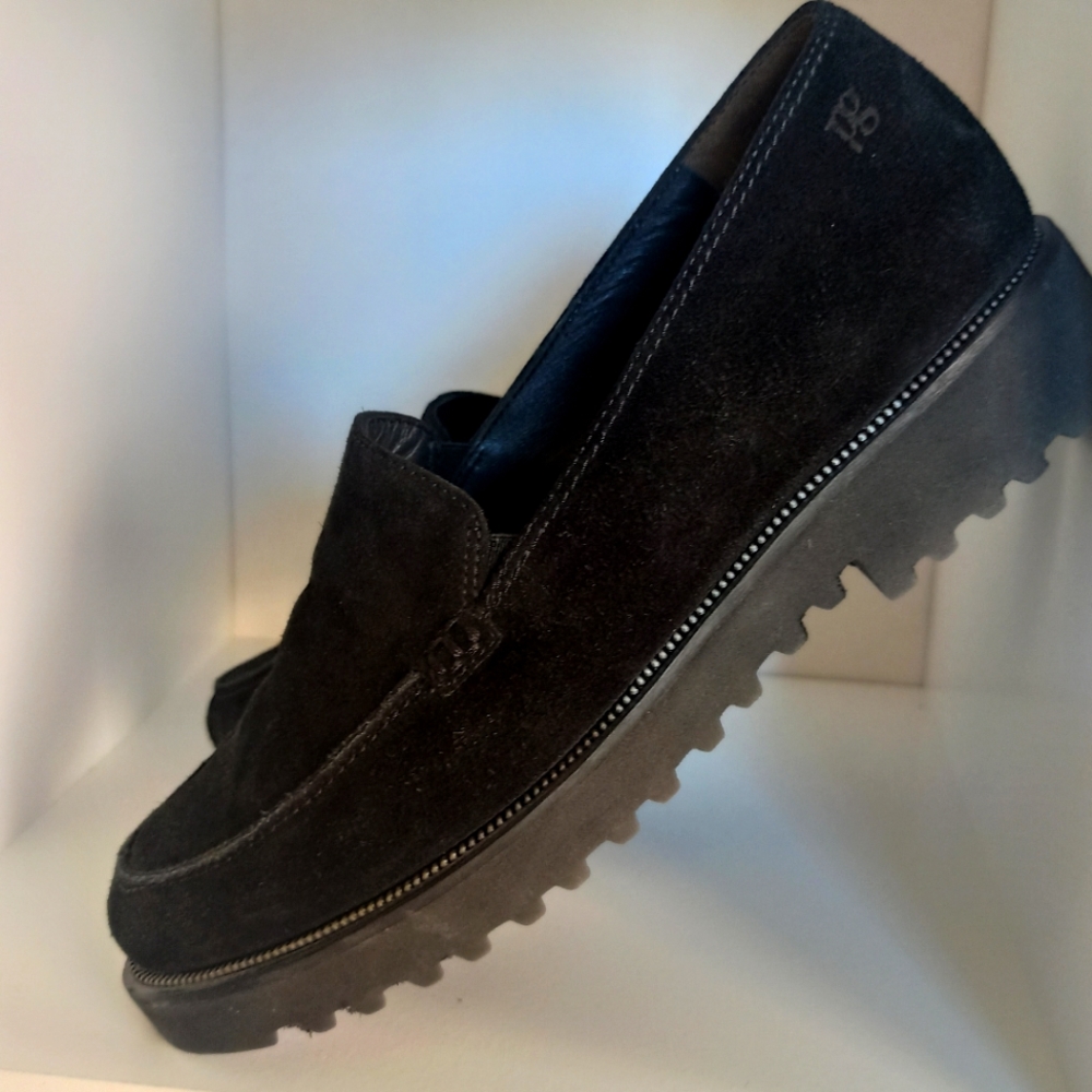 Paul Green Women's Black Ariana Suede Leather Slip On Lug Loafer Platform Shoes